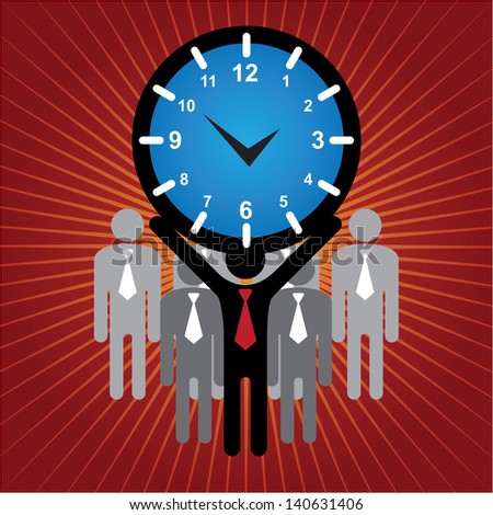 Business and Finance or Time Management Concept Present By Group of Businessman With Blue Clock or Time Sign on Hand in Red Shiny Background