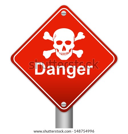 Red Glossy Style Danger Zone Warning Sign With Skull and Danger Text Isolated on White Background
