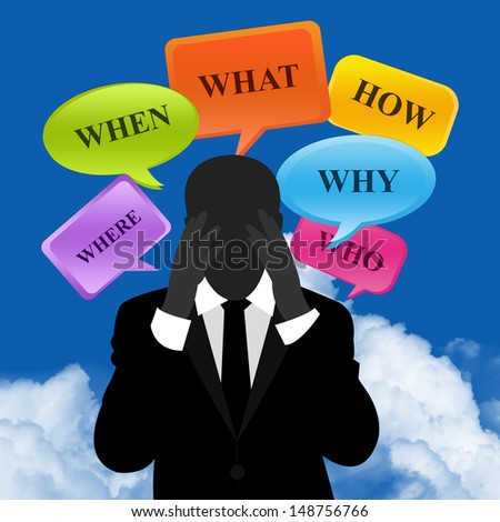 Business Solution Concept Present By A Worried Businessman With What, Where, When, Why, How and Who Balloon Above in Blue Sky Background
