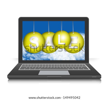 Graphic For Promotion and Sale Season Campaign Present By Black Computer Notebook Screen With Hanged Yellow Sale Tag Isolated on White Background