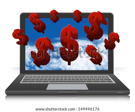 The Internet Earning Concept, Present With Red Dollars Running Out of Computer Laptop Isolated on White Background