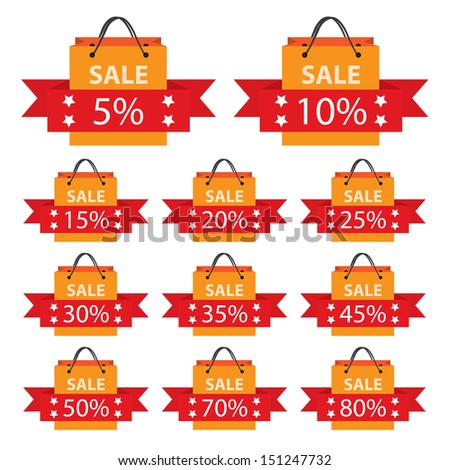 Promotional Sale Labels Set, Present By Orange Sale Shopping Bag With Red 5-80 Percent Discount Ribbon Isolated on White Background