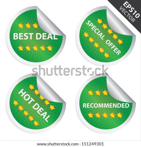 Vector : Promotional Sale Labels Set, Present By Green Glossy Style Label With Best Deal, Special Offer, Hot Deal and Recommended Text Isolated on White Background