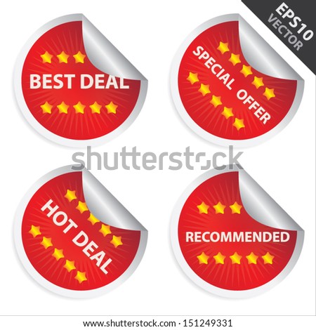 Vector : Promotional Sale Labels Set, Present By Red Glossy Style Label With Best Deal, Special Offer, Hot Deal and Recommended Text Isolated on White Background