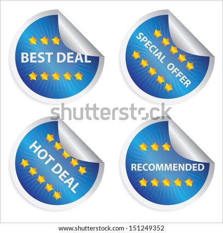 Promotional Sale Labels Set, Present By Blue Glossy Style Label With Best Deal, Special Offer, Hot Deal and Recommended Text Isolated on White Background