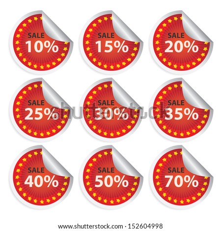 Promotional Sale Labels Set, Present By Red Sale 10-70 Percent Glossy Style Icon With Little Star Around Isolated on White Background