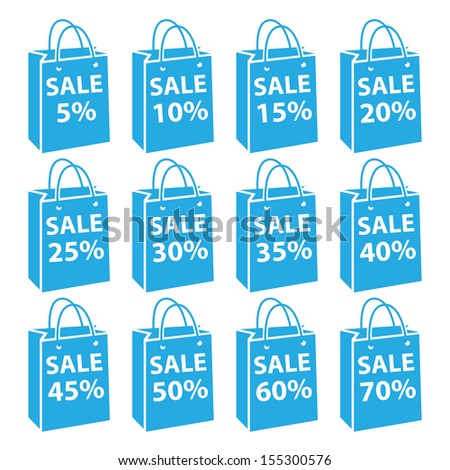 Graphic For Promotional Sale or Marketing Campaign Present By Blue Sale 5-70 Percent Discount Shopping Bag  Isolated on White Background