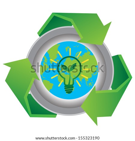 Recycle, Save The Earth or Stop Global Warming Concept Present By Green Recycle Sign With The Earth and Green Light Bulb Sign Inside Isolated on White Background