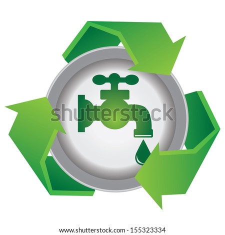 Recycle, Save The Earth or Stop Global Warming Concept Present By Green Recycle Sign With  Tap Water and Water Drop Icon Inside Isolated on White Background