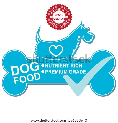 Vector : Graphic For Pet Business Present by Dog Food Text, Nutrient Rich and Premium Grade on Blue Dog Food Sign With Check Mark Isolated On White Background