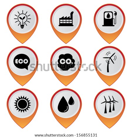 Save The Earth, Conservation, Natural or Ecology Concept Present By Set Of Orange Glossy Style Map Pointer With Nature or Ecology Sign Isolated on White Background