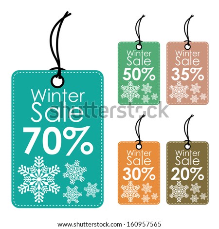 Marketing Material For Promotional Sale or Marketing Campaign Present By Colorful Winter Sale 20-70 Percent Sale Tag or Label With Snowflake Sign Isolated on White Background