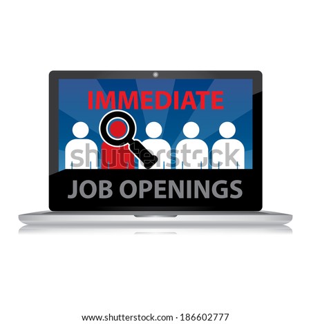 Computer Laptop With Immediate Job Openings Message on Blue Screen Isolated on White Background