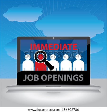 Computer Laptop With Immediate Job Openings Message on Blue Screen in Blue Sky Background