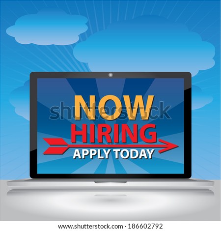 Computer Laptop With Now Hiring, Apply Now Message on Blue Screen in Blue Sky Background