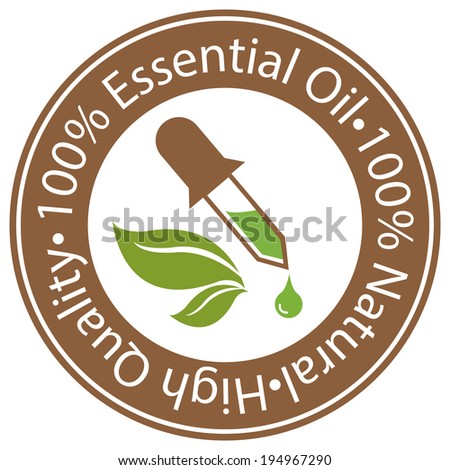 Brown Circle 100 Percent Essential Oil, 100 Percent Natural and High Quality Sticker, Label or Icon Isolated on White Background
