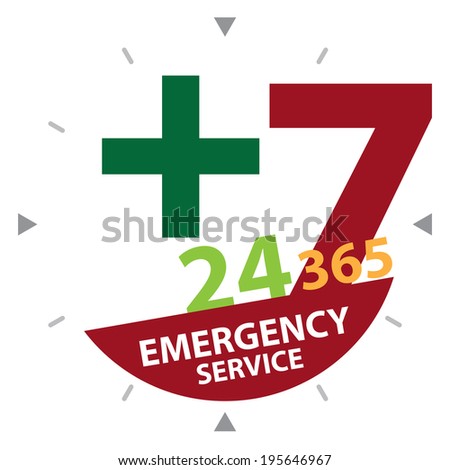 Green Cross Sign With Red 24 Hours A Day, 7 Days A Week, 365 Days A Year Emergency Service Label, Sign or Icon Isolated on White Background