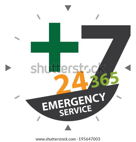 Green Cross Sign With Black 24 Hours A Day, 7 Days A Week, 365 Days A Year Emergency Service Label, Sign or Icon Isolated on White Background