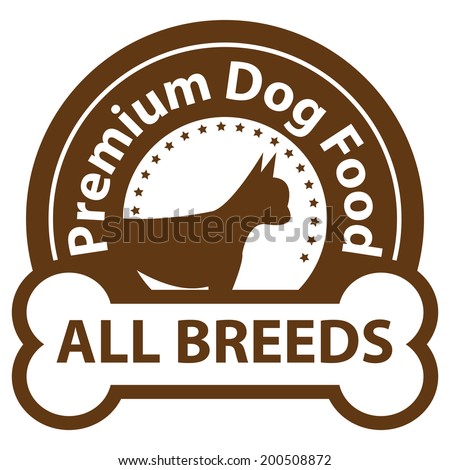 Brown Premium Dog Food, All Breeds Icon, Sticker or Label Isolated on White Background