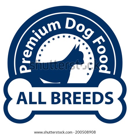 Blue Premium Dog Food, All Breeds Icon, Sticker or Label Isolated on White Background