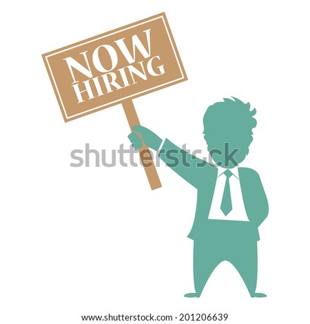 Businessman With Brown Now Hiring Sign Isolated on White Background