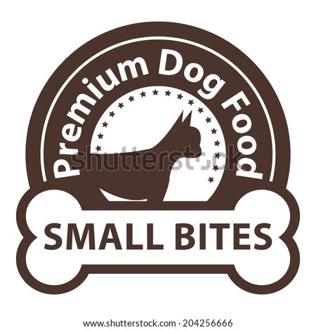Brown Premium Dog Food, Small Bites Icon, Sticker or Label Isolated on White Background