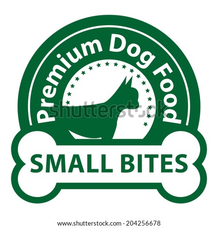 Green Premium Dog Food, Small Bites Icon, Sticker or Label Isolated on White Background