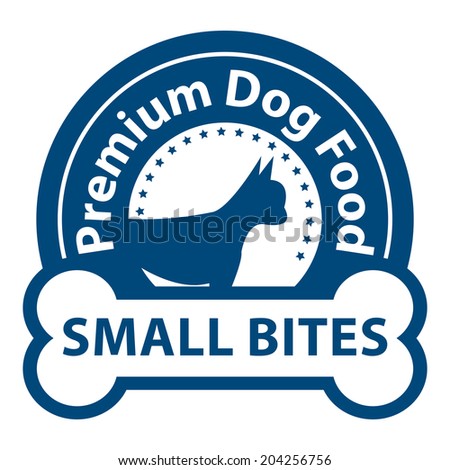 Blue Premium Dog Food, Small Bites Icon, Sticker or Label Isolated on White Background