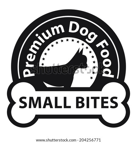 Black Premium Dog Food, Small Bites Icon, Sticker or Label Isolated on White Background