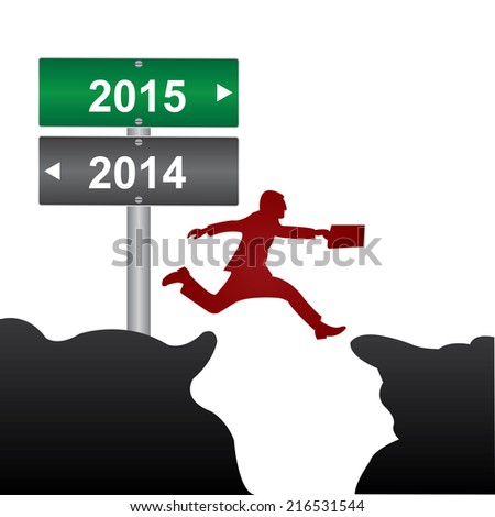 Business and Finance Concept Present By Jumping Through The Valley Gap With Green and Gray Street Sign Pointing to 2014 and 2015 Isolate on White Background