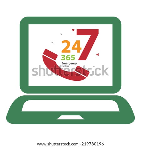 Green Computer Laptop With 24 Hours A Day, 7 Days A Week, 365 Days A Year Emergency Hotline on Screen Sign, Icon or Label Isolated on White Background