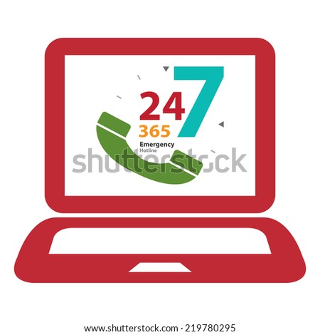 Red Computer Laptop With 24 Hours A Day, 7 Days A Week, 365 Days A Year Emergency Hotline on Screen Sign, Icon or Label Isolated on White Background