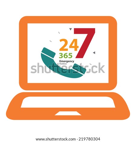 Orange Computer Laptop With 24 Hours A Day, 7 Days A Week, 365 Days A Year Emergency Hotline on Screen Sign, Icon or Label Isolated on White Background