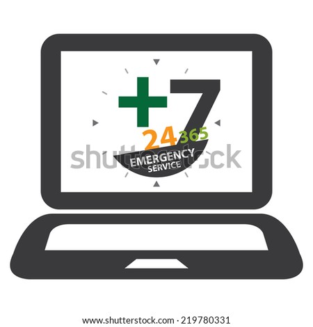 Black Computer Laptop With 24 Hours A Day, 7 Days A Week, 365 Days A Year Emergency Service on Screen Sign, Icon or Label Isolated on White Background