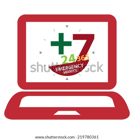 Red Computer Laptop With 24 Hours A Day, 7 Days A Week, 365 Days A Year Emergency Service on Screen Sign, Icon or Label Isolated on White Background
