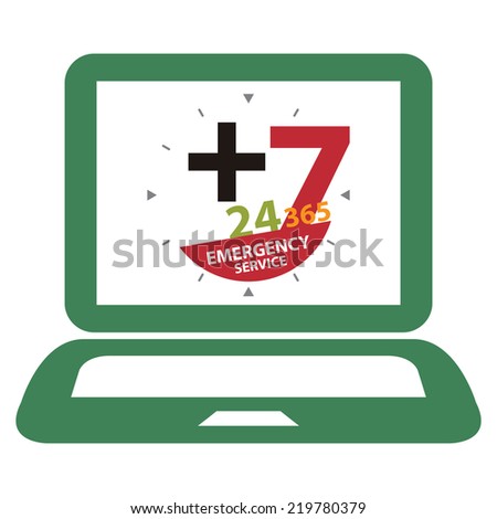 Green Computer Laptop With 24 Hours A Day, 7 Days A Week, 365 Days A Year Emergency Service on Screen Sign, Icon or Label Isolated on White Background