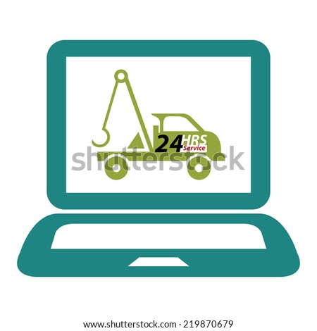 Blue Computer Laptop With 24 HRS Service Tow Car or Truck on Screen Sign, Icon or Label Isolated on White Background