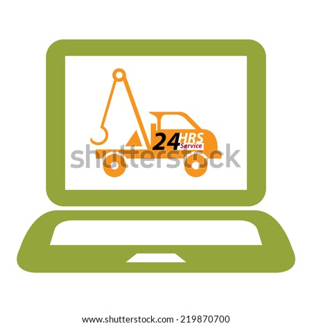 Green Computer Laptop With 24 HRS Service Tow Car or Truck on Screen Sign, Icon or Label Isolated on White Background