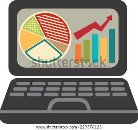 Computer Laptop With Pie Chart and Bar Chart on Screen Icon or Label Isolated on White Background