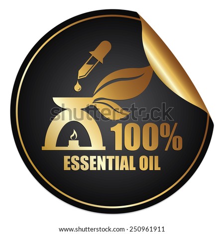 Black and Gold Metallic 100% Essential Oil Sticker, Icon or Label Isolated on White Background