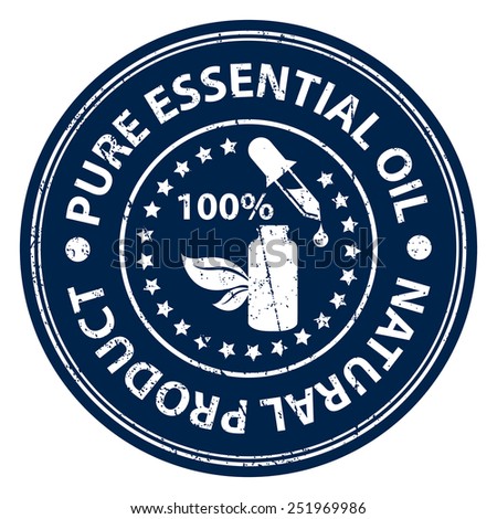Product Information Material or Ingredient, Circle Blue 100 Percent Pure Essential Oil Natural Product Grunge Sticker, Rubber Stamp, Icon, Tag or Label Isolated on White Background