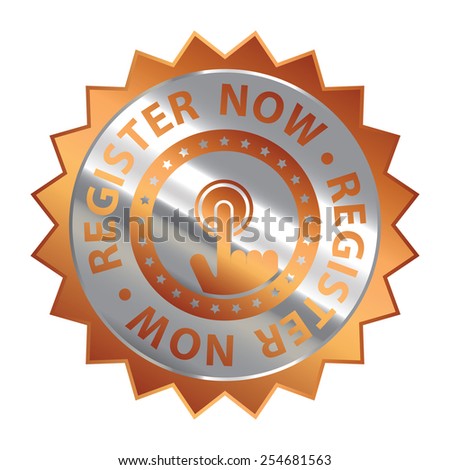 Orange Silver Metallic Register Now Icon, Label or Sticker Isolated on White Background