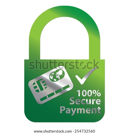 Green Metallic Key Lock Shape 100% Secure Payment Icon, Label, Sign or Sticker Isolated on White Background