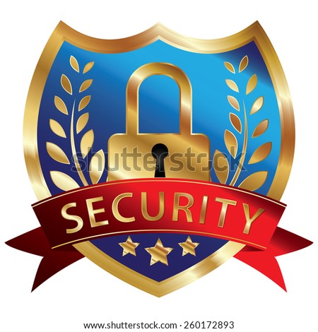 Blue and Gold Metallic Security Shield, Ribbon, Badge, Icon, Sticker, Banner, Tag, Sign or Label Isolated on White Background
