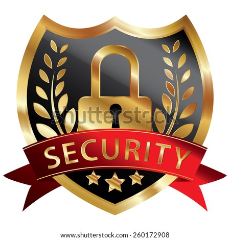 Black and Gold Metallic Security Shield, Ribbon, Badge, Icon, Sticker, Banner, Tag, Sign or Label Isolated on White Background