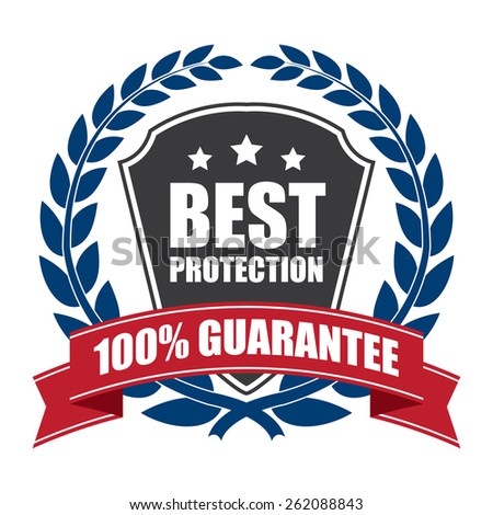 Blue and Black Best Protection 100% Guarantee Shield, Wheat Laurel Wreath, Ribbon, Label, Sticker or Icon Isolated on White Background