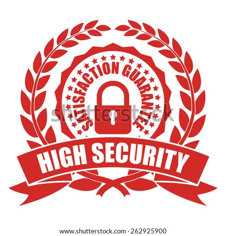 Red High Security Satisfaction Guarantee Wheat Laurel Wreath, Ribbon, Badge, Label, Sticker, Sign or Icon Isolated on White Background
