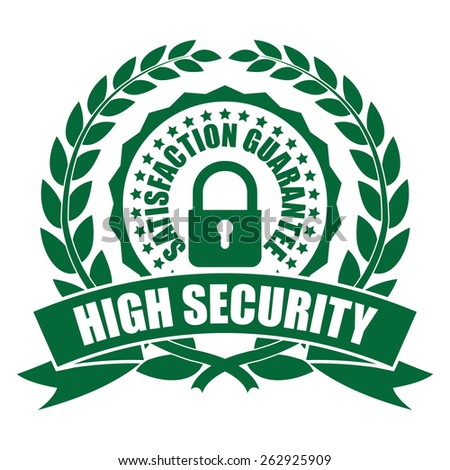Green High Security Satisfaction Guarantee Wheat Laurel Wreath, Ribbon, Badge, Label, Sticker, Sign or Icon Isolated on White Background