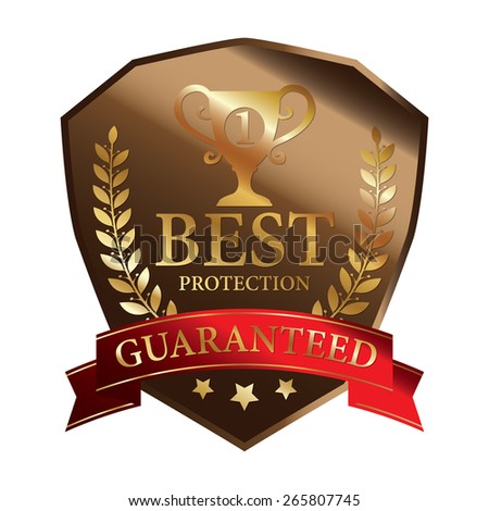 Brown Metallic Best Protection Guaranteed Ribbon, Shield, Label, Sticker, Banner, Sign or Icon Isolated on White Background