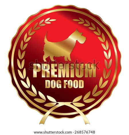 Red and Gold Metallic Premium Dog Food Ribbon, Badge, Label, Sticker, Banner, Sign or Icon Isolated on White Background